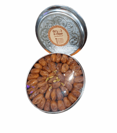 Dates with cardamom and saffron, large iron box. Dates of happiness, dates with cardamom and saffron, silver box, 1 kg.