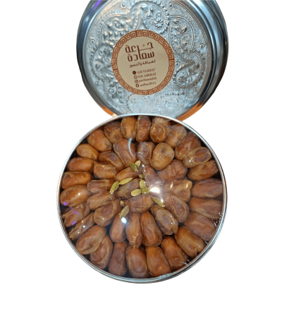 Dates with cardamom and saffron, large iron box. Dates of happiness, dates with cardamom and saffron, silver box, 1 kg.