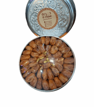 Dates with cardamom and saffron, large iron box; Dates of Happiness, dates with cardamom and saffron, silver box, 2 kg