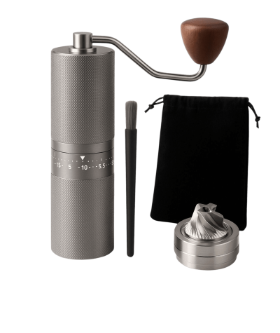 Stainless steel manual coffee grinder – elegant and professional design.