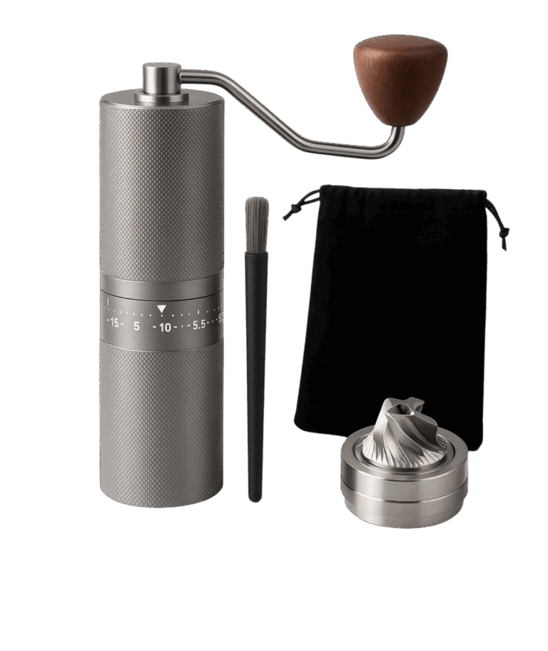 Stainless steel manual coffee grinder – elegant and professional design.