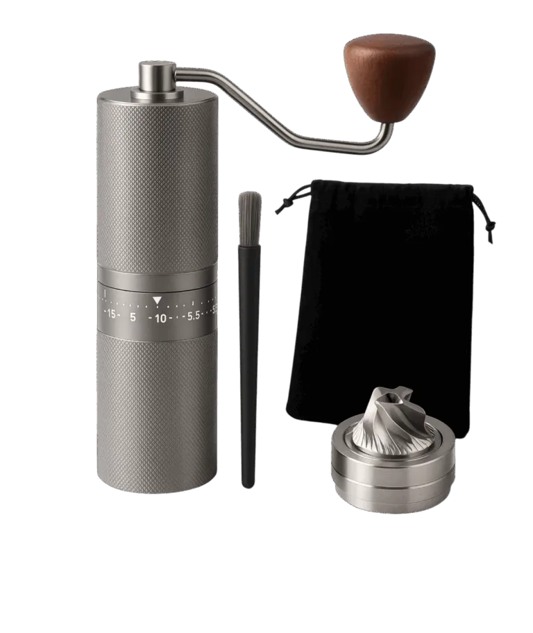Stainless steel manual coffee grinder – elegant and professional design.