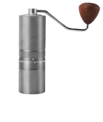 Stainless steel manual coffee grinder – elegant and professional design.