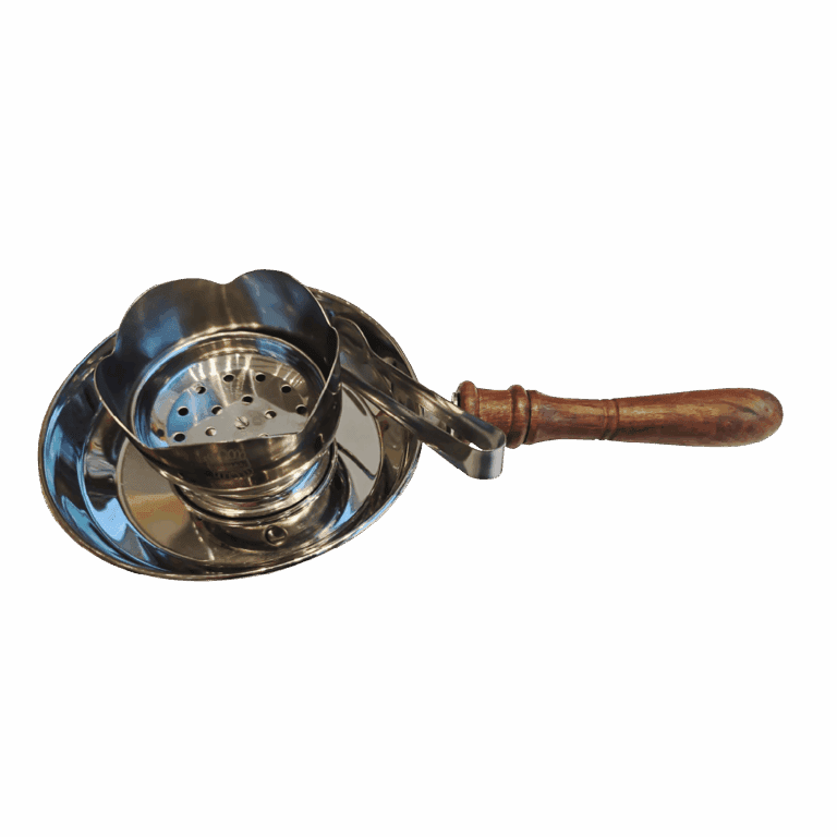 Stainless steel charcoal and incense burner with a wooden handle – safe and easy to use – for tea