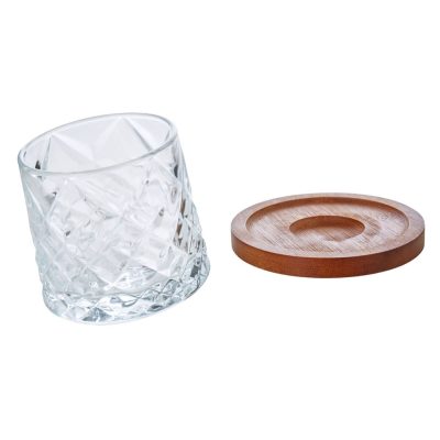 Decorative glass cup with a wooden base for coffee, juices, and tea.