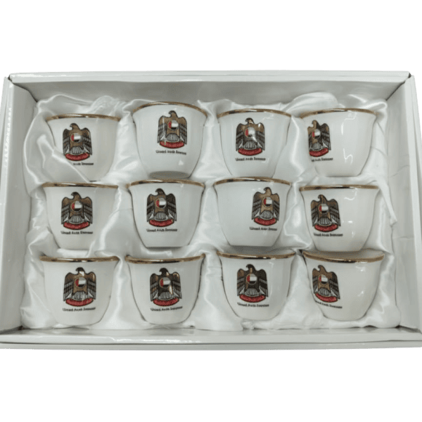 12-piece Emirati coffee cup set with the UAE logo – white with gold rims